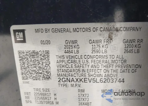 2020 Chevrolet Equinox Fwd Lt 1.5L Turbo из США, поврежденный, VIN 2GNAXKEV5L6203744